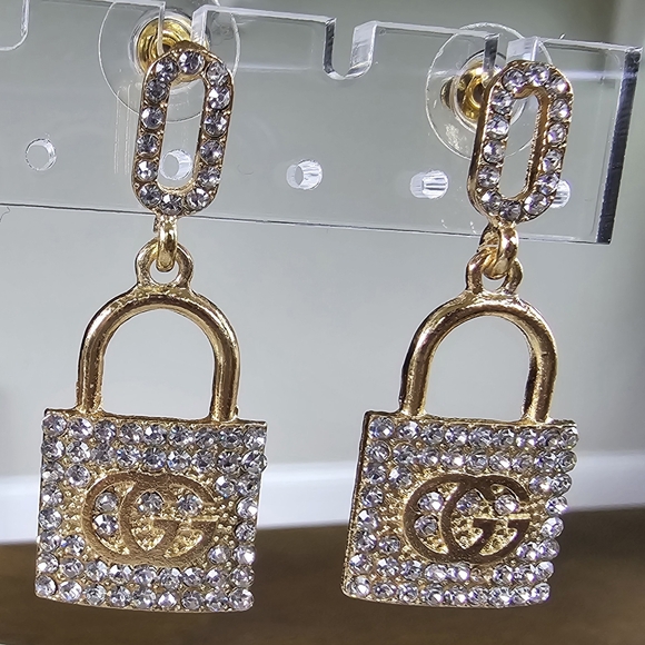 Jewelry - Pave Gold Tone Lock Earrings